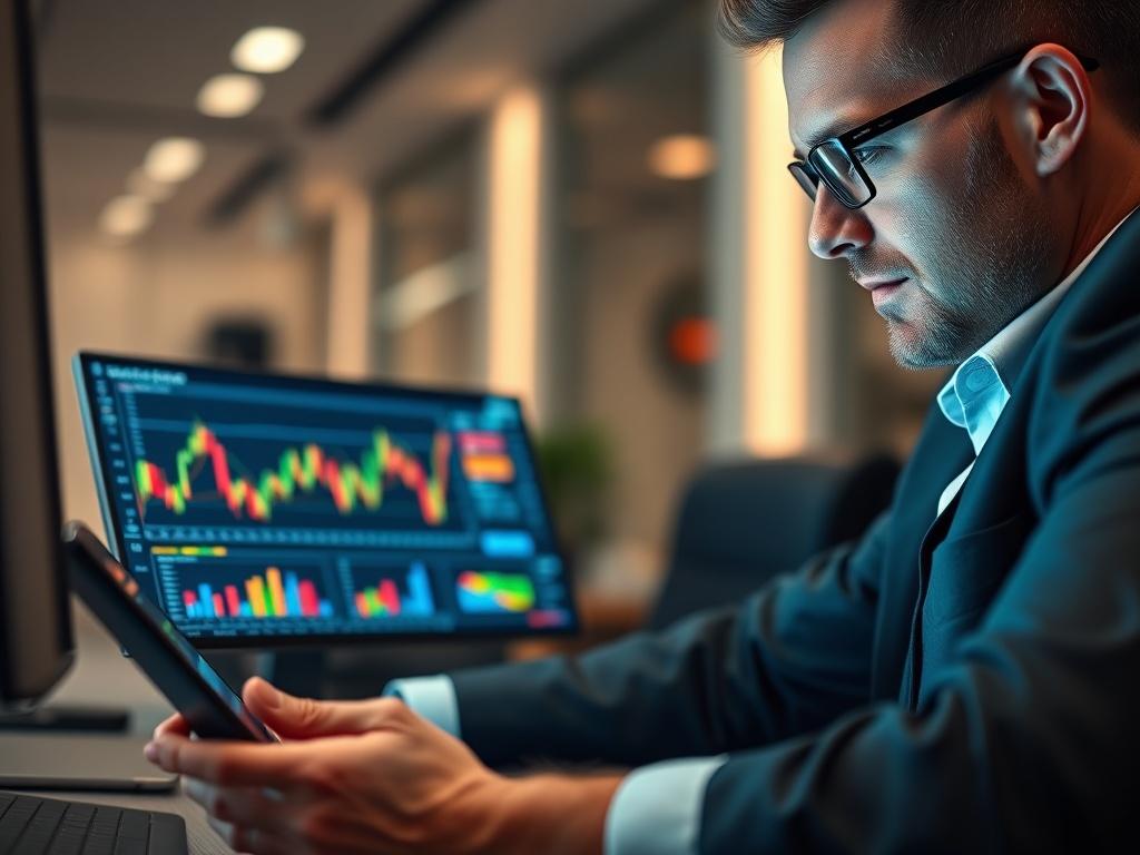 A close-up shot of a confident investor analyzing Bitcoin data on a digital device, with vibrant graphs and charts displayed on the screen. The background is a sleek, modern workspace reflecting a high-tech feel, with soft lighting that highlights the subject's focused expression.