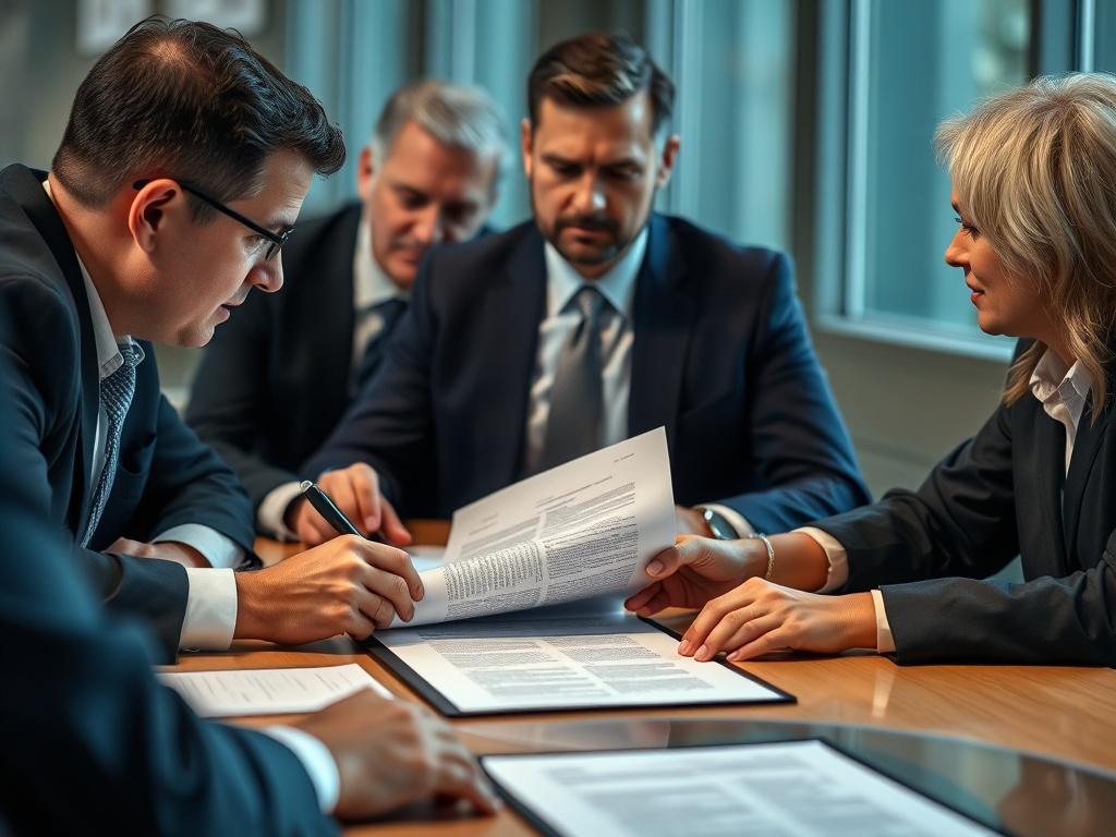 A close-up shot of a business professional engaged in a discussion with government officials, showcasing a contract document on the table. The setting reflects a formal meeting environment, with a focus on collaboration and negotiation.