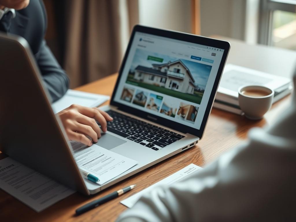 A close-up shot of a real estate investor reviewing property listings on a laptop, surrounded by paperwork and a notepad. The setting conveys a professional atmosphere, with a stylish desk and natural light illuminating the scene.