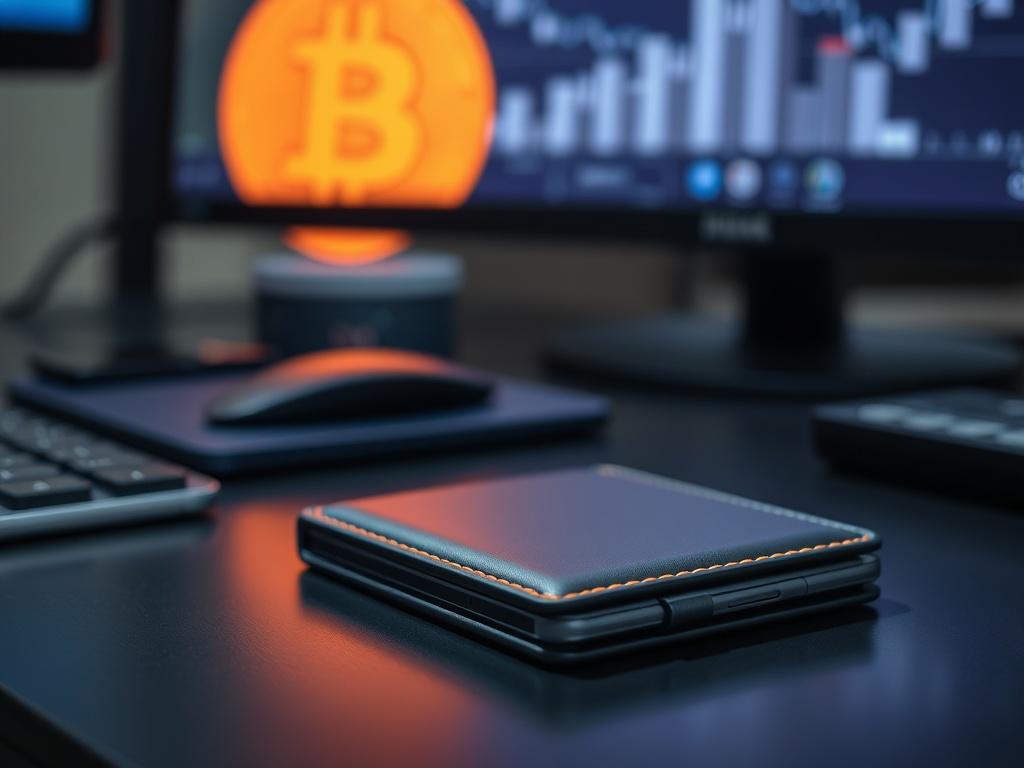 A close-up shot of a digital currency wallet on a sleek desk, with a glowing Bitcoin symbol in the background, emphasizing the blend of technology and finance.