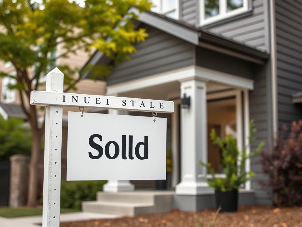 A close-up shot of a modern home exterior with a 'Sold' sign in front, highlighting the success of an AI-driven real estate acquisition in a vibrant urban environment.