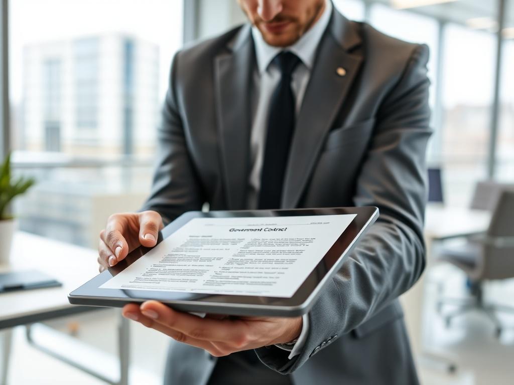 A close-up shot of a business professional reviewing a government contract document on a sleek tablet, surrounded by a modern office environment.
