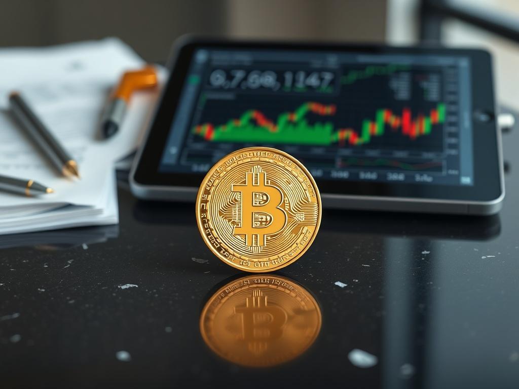 Create a highly detailed, realistic high-resolution close-up photograph focused on a single Bitcoin coin placed prominently in the center of the image. The Bitcoin should display its intricate designs and shiny surface, reflecting light to enhance its gold color. Position the coin on a flat, dark surface, such as polished black wood or smooth granite, which provides a striking contrast to the Bitcoin's bright metallic sheen.

In the background, softly blur a collection of financial documents and a digital t