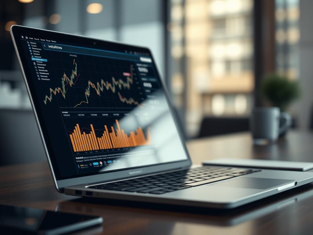 A hyper-realistic close-up shot of a modern financial technology workspace featuring a sleek laptop displaying data analytics and investment graphs. The background should be softly blurred, focusing on the laptop and its vibrant screen. The color palette should include shades of dark with accents of white and gold, reflecting a sophisticated corporate atmosphere. Shot with a 45mm f/1.2 lens for a sharp foreground and a beautifully blurred background.