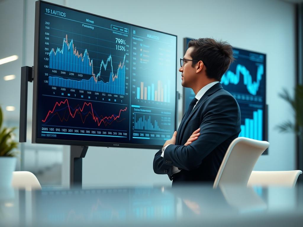 Create a hyper-realistic close-up shot of a modern office environment featuring a sleek digital interface displaying financial graphs and analytics on a large monitor. Include a person in business attire, intently analyzing the data. The background should be minimalistic with soft lighting to emphasize the subject, and the color scheme should align with rgb(193, 153, 87) for a cohesive aesthetic.