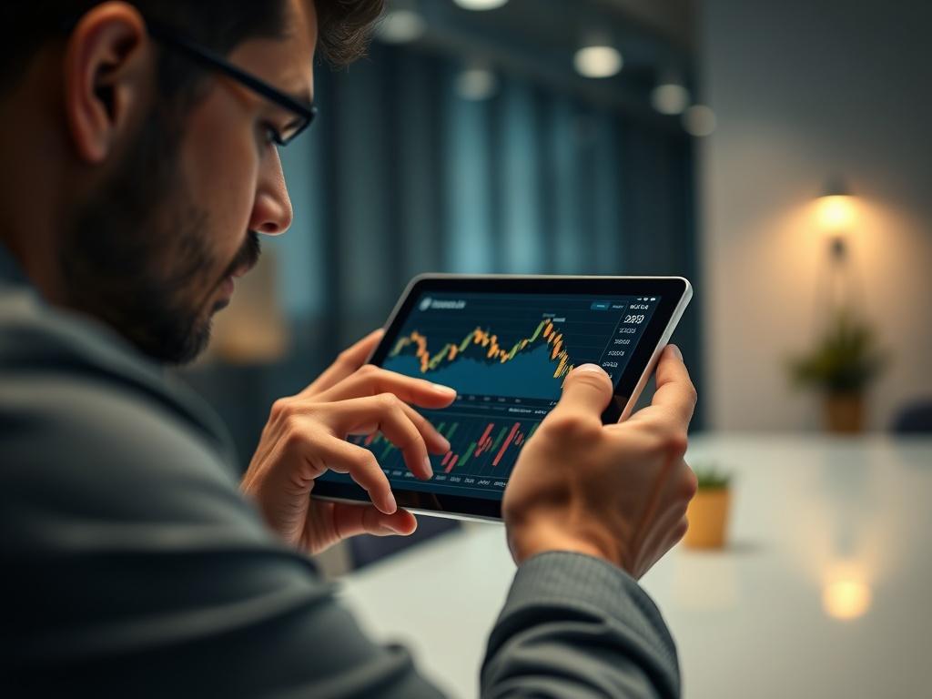 A close-up shot of a person analyzing Bitcoin charts on a digital tablet, with a clean, modern office background. The lighting is soft, focusing on the tablet's screen and the individual's focused expression. The overall color scheme complements a dark theme with accents of gold, creating a professional atmosphere.