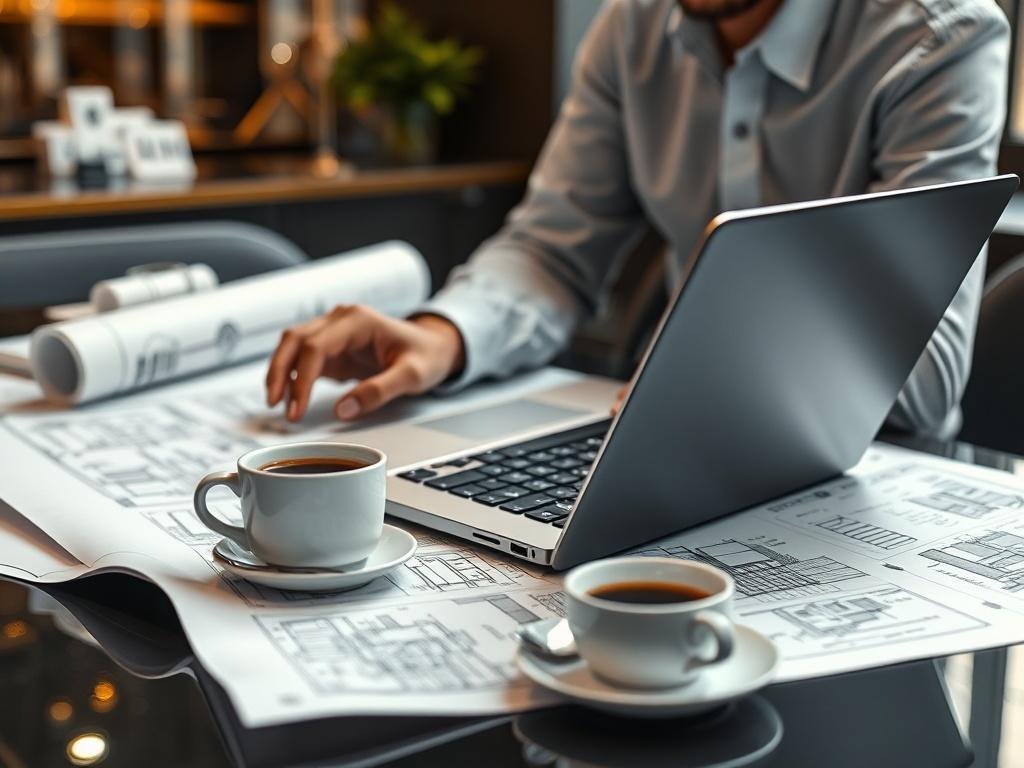A close-up shot of a real estate investor reviewing property listings on a laptop, surrounded by architectural blueprints and a cup of coffee. The setting is a sleek, modern workspace with a dark and gold color palette, reflecting a professional ambiance.