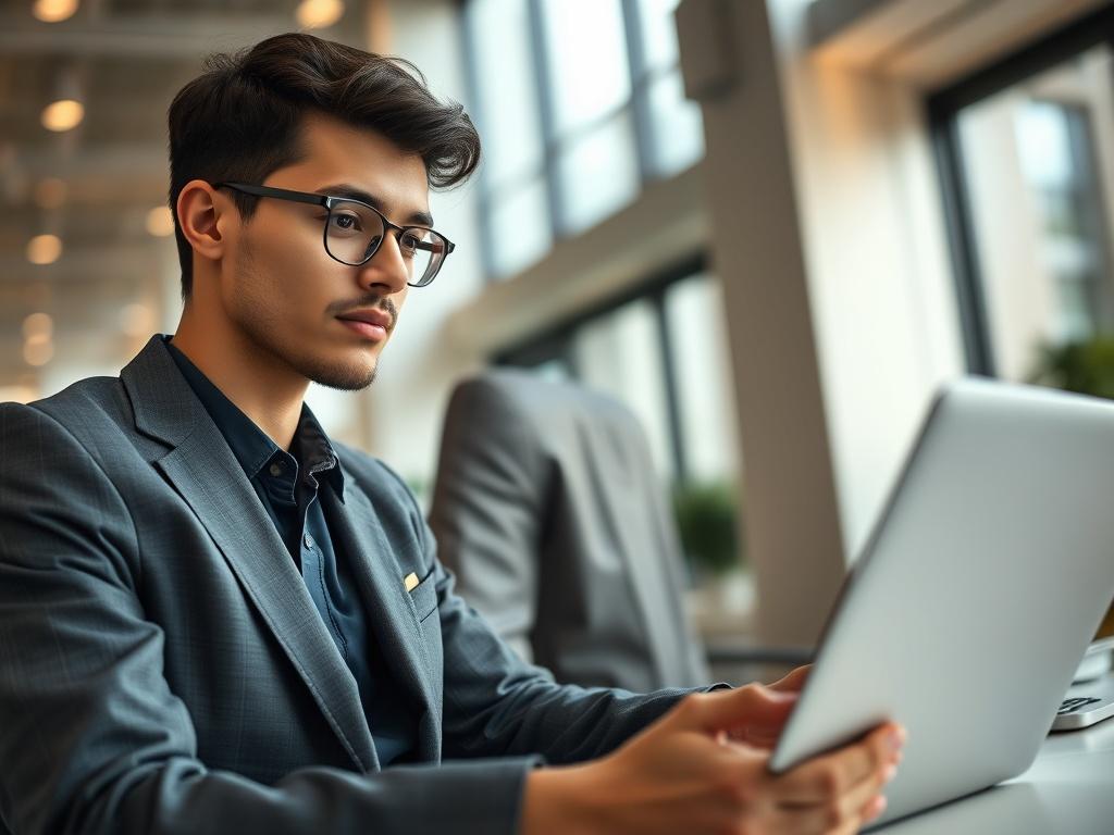 A hyper-realistic close-up shot of a confident business professional analyzing data on a sleek laptop. The background features a modern office environment with soft lighting and high-end finishes, emphasizing a professional atmosphere. The subject is sharply focused, showcasing the details of their focused expression and the technology they are working with, while the color scheme includes gold and dark tones to align with the company's branding.