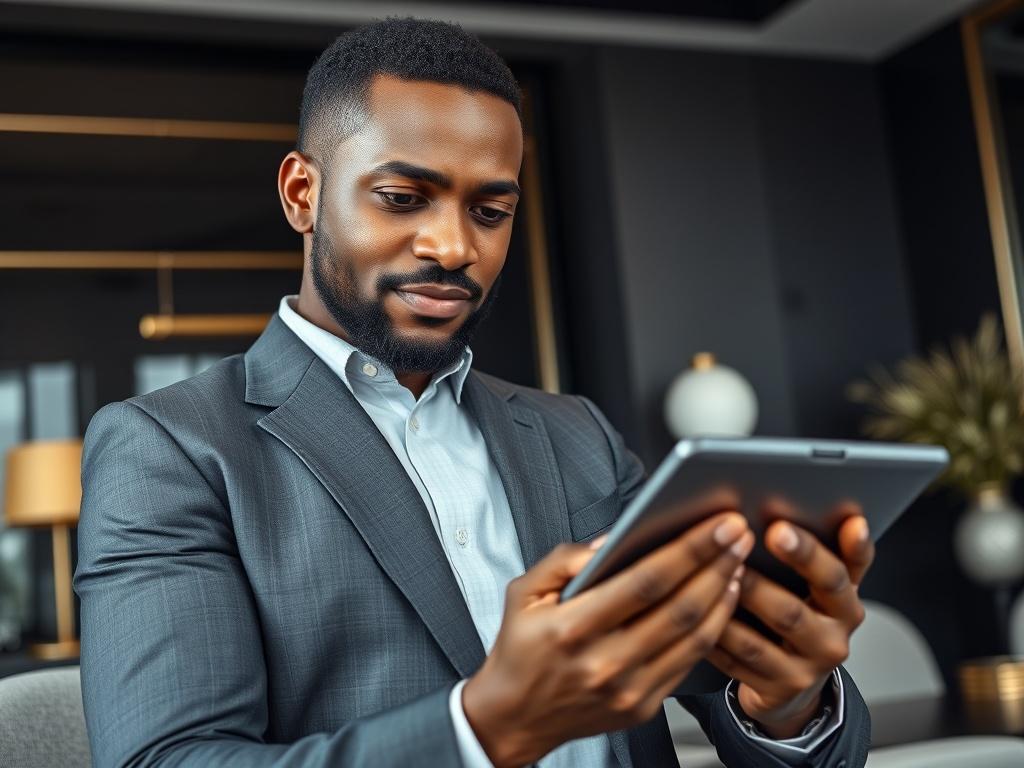 A close-up shot of a confident business professional analyzing financial data on a sleek tablet, surrounded by modern office decor. The individual, a middle-aged Black man, is focused on the screen, showcasing graphs and charts related to investments. The background features a minimalist corporate setting with dark tones, accented by gold and white elements, highlighting a sophisticated and tech-savvy environment.