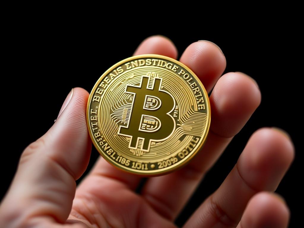 A close-up shot of a person holding a Bitcoin in their hand, with a dark, sleek background highlighting the digital nature of cryptocurrencies. The focus is on the Bitcoin, showcasing its details and shine, while the person’s hand is slightly blurred to emphasize the coin. Use hyper-realistic rendering techniques, and ensure the colors are compatible with rgb(193, 153, 87) primary color scheme.