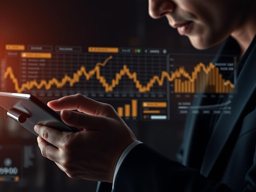 A sleek, modern digital interface representing artificial intelligence in finance, featuring a futuristic design, dark background with gold accents, and a close-up of a professional person analyzing investment data on a tablet.