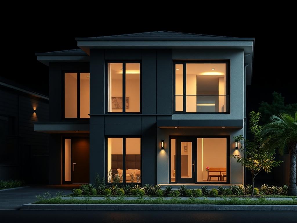 A hyper-realistic close-up shot of a modern residential property, showcasing its architectural details against a sleek, dark background. The focus should be on the property’s features, like windows and doors, giving a sense of luxury and investment potential. Ensure the lighting highlights the textures and colors, maintaining compatibility with the rgb(193, 153, 87) color scheme.