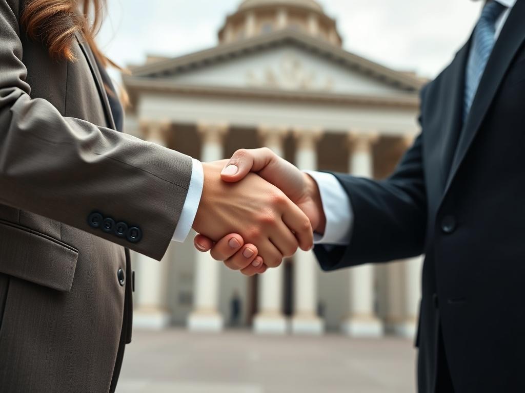 A close-up shot of a professional shaking hands with a government official, symbolizing partnership and trust in contracting services. The background should be a blurred image of a government building, emphasizing the formal nature of the engagement. Use hyper-realistic rendering techniques to capture the details of both individuals and ensure color compatibility with the rgb(193, 153, 87) theme.
