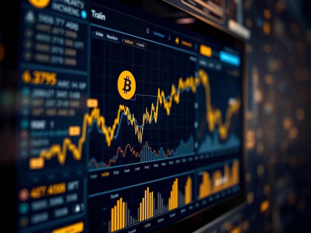 A close-up shot of a modern digital display showcasing Bitcoin market graphs and analytics, featuring a sleek interface with dark themes and gold accent colors. The background is an abstract representation of financial technology, emphasizing innovation and security. Use hyper-realistic rendering techniques to create a clear and engaging image.