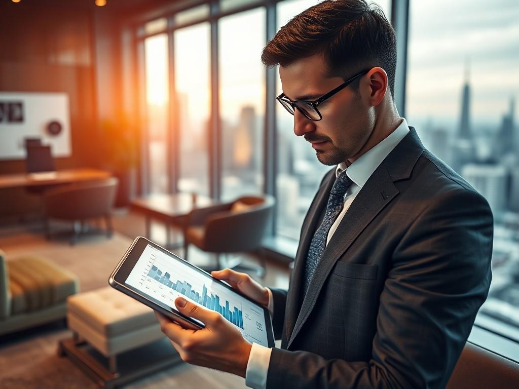 A close-up shot of a professional financial consultant analyzing data on a digital tablet. The setting features a modern office with sleek furniture and a large window showcasing a city skyline. The consultant is focused, wearing a smart suit, and the tablet displays dynamic graphs and charts. The color scheme should include rich dark tones with accents of white and gold, harmonizing with the brand's identity.