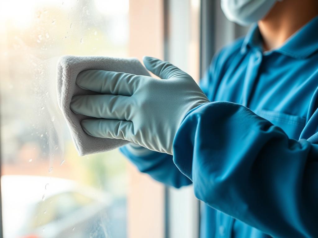 A close-up shot of a professional cleaner carefully wiping a window with a microfiber cloth, revealing a sparkling clean surface. The background shows a well-lit room with soft natural light filtering through the window, highlighting the cleanliness of the space. The color scheme should incorporate the primary color #136A5C, with subtle accents reflecting a fresh and inviting atmosphere.