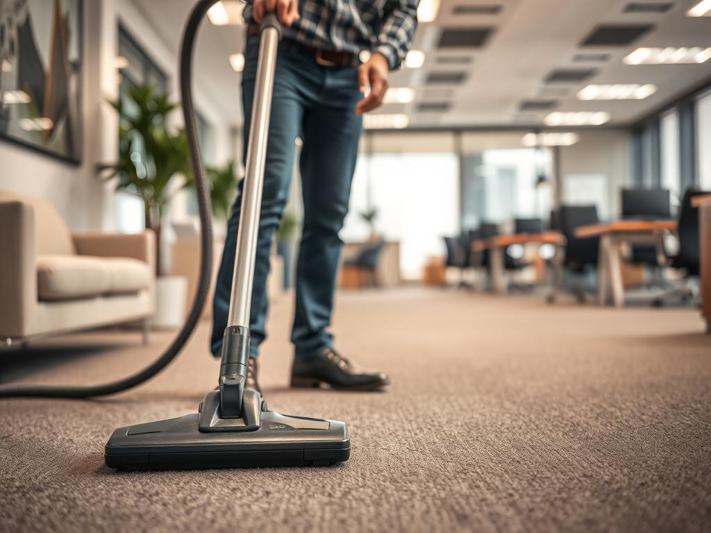 A hyper-realistic close-up shot of a commercial cleaning professional using a high-quality vacuum cleaner on a carpeted office floor. The focus is on the vacuum cleaner in action, with a blurred background of a well-organized office space featuring modern furnishings and bright lighting. The setting conveys a sense of cleanliness and professionalism, capturing the essence of a productive work environment.