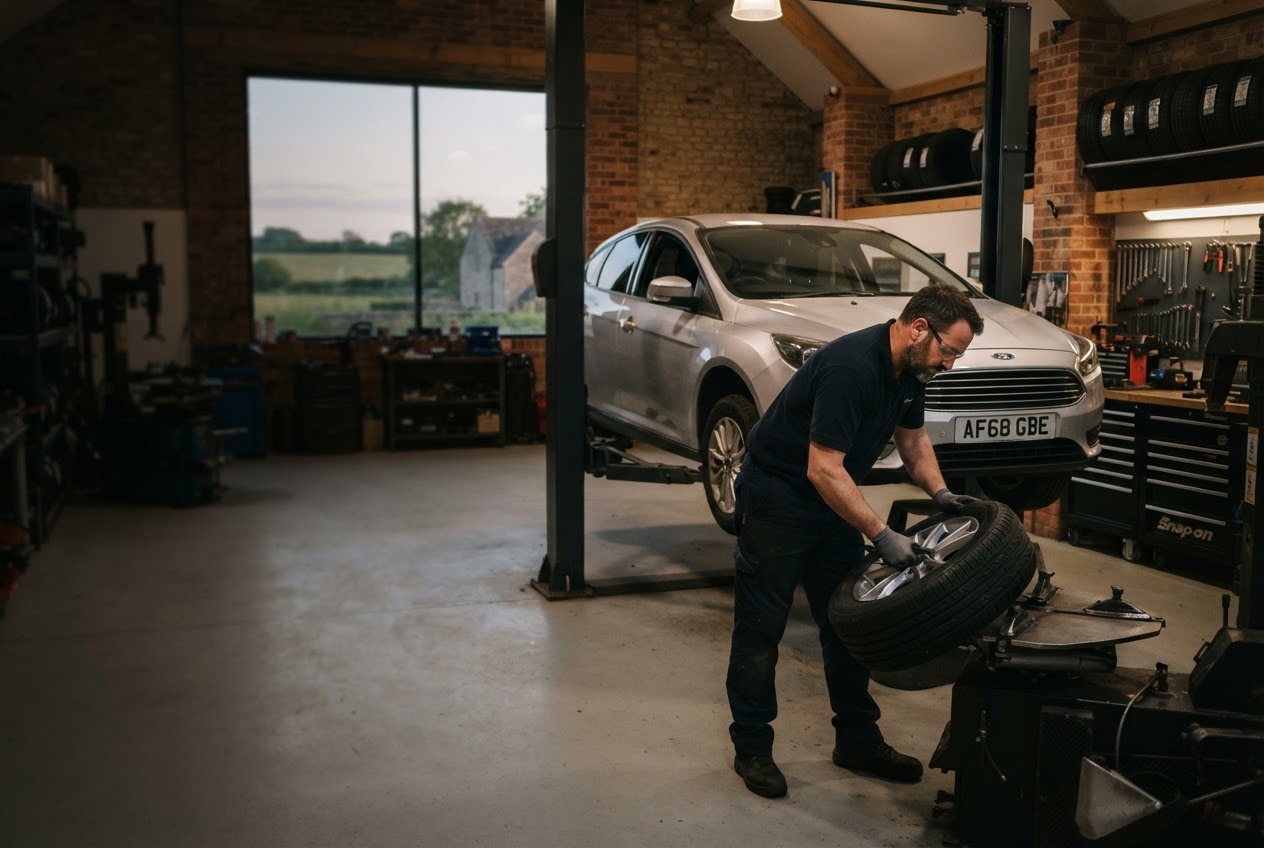 A Fenland mechanic fitting a tyre in a clean workshop