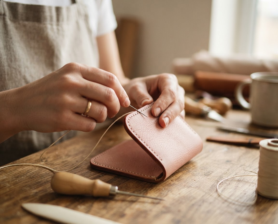 Careful hand stitching brings the edge of a Lace wallet to life