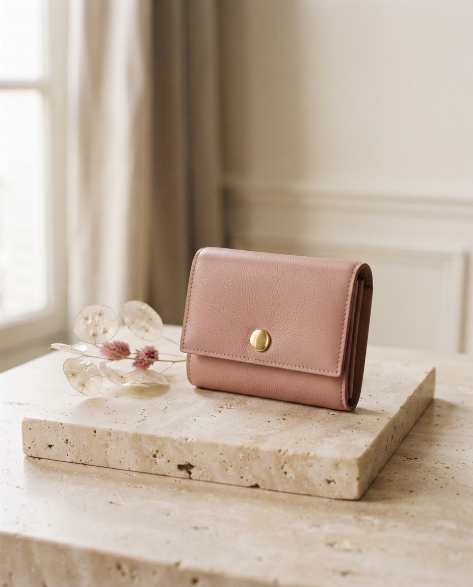 Rosewood leather wallet styled on a sunlit stone pedestal