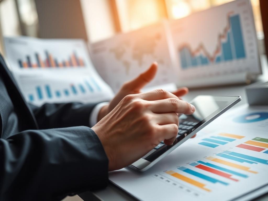 A close up of a professional analyst's hands reviewing market