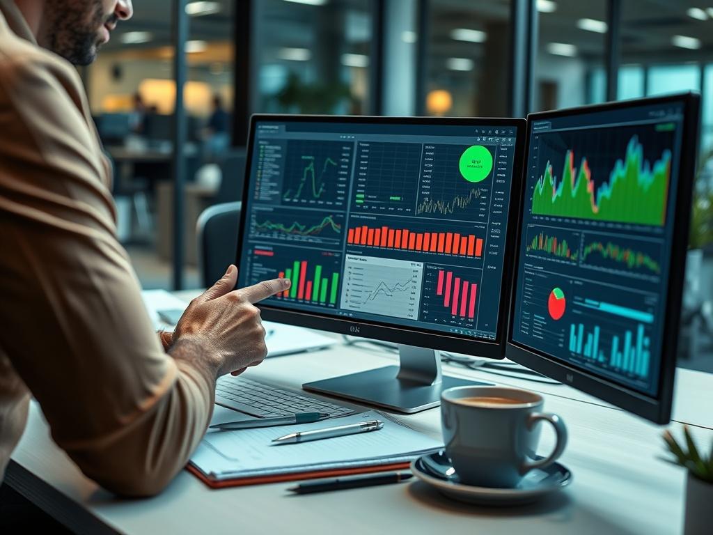 An analyst in a modern office reviewing charts and graphs