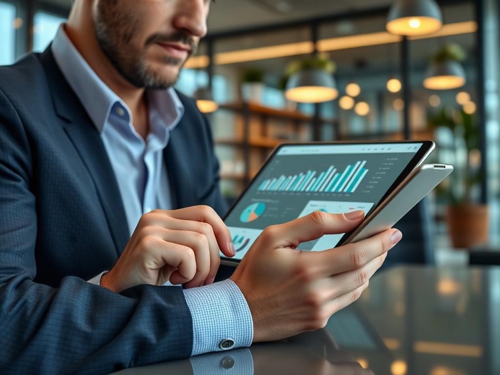 A strategic planner working on a digital tablet, visualizing investment