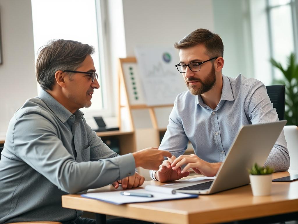 A financial advisor discussing portfolio performance with a client, analyzing