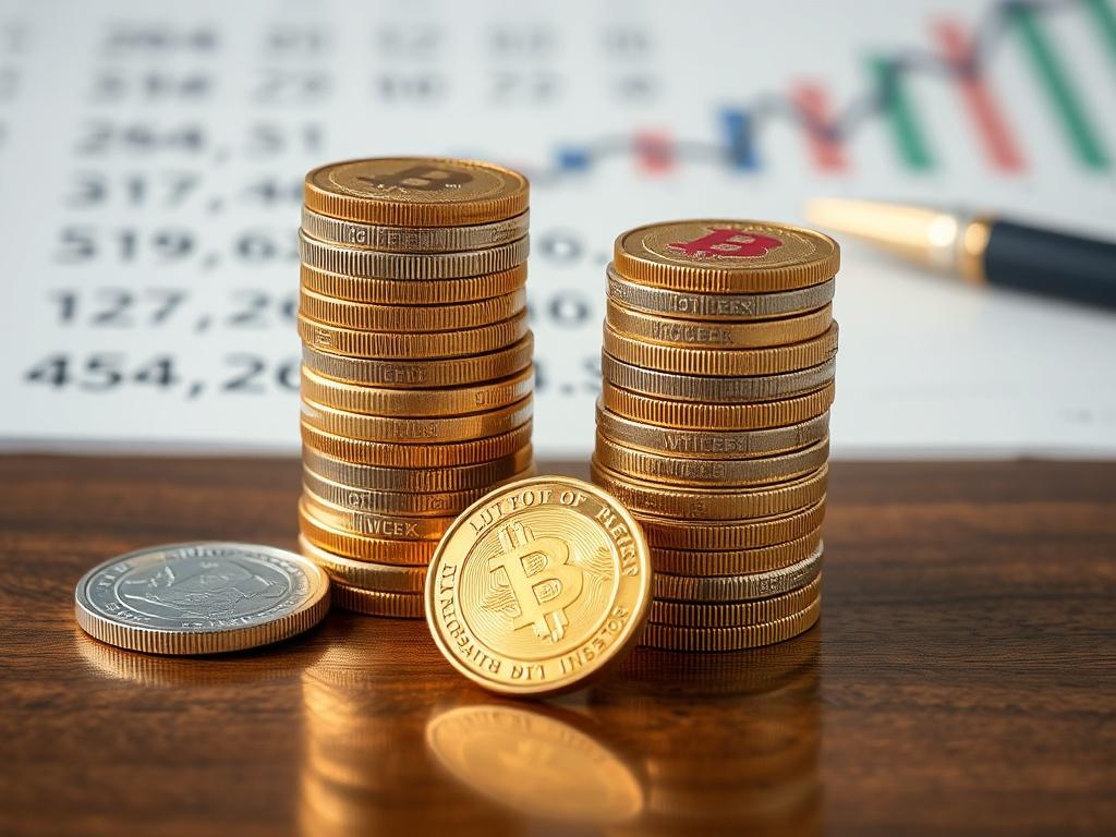 A close up shot of gold and silver coins stacked