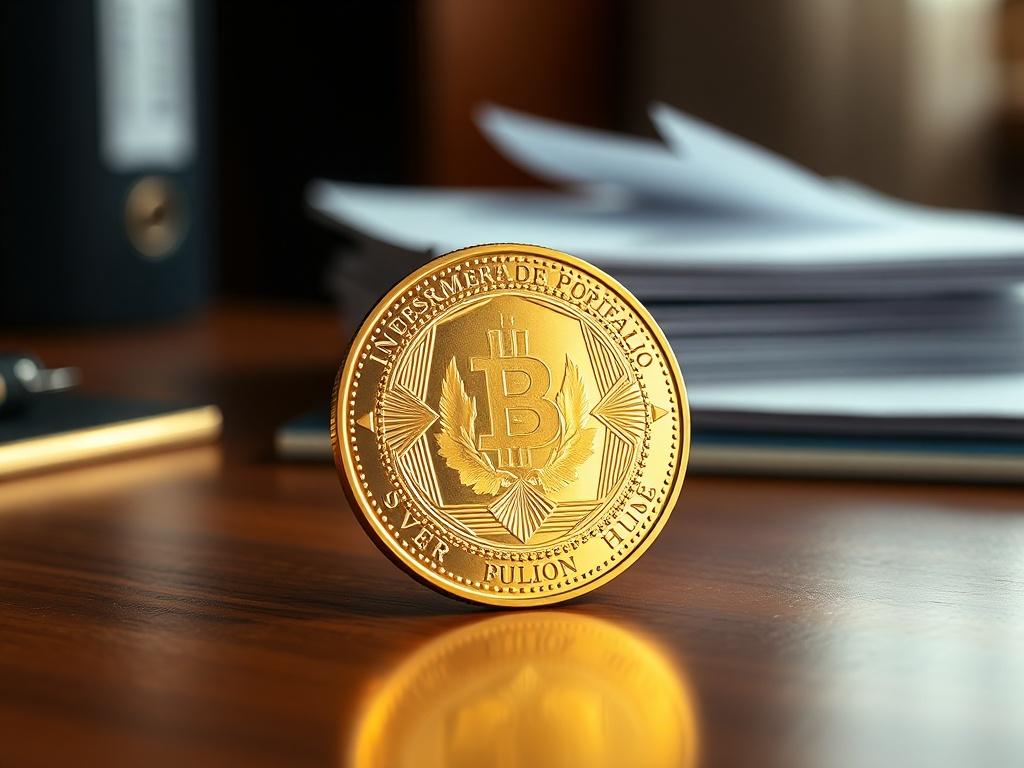 Create a highly detailed, hyper-realistic photo focusing on a single precious metal coin, such as a gold or silver bullion coin, prominently centered in the frame. The coin should reflect a striking shine, showcasing its intricate design, with a golden hue for gold coins or a gleaming silver appearance for silver coins. Use a subtle soft-focus effect for the background, featuring an elegant wooden desk surface that suggests a sophisticated investment setting.

Incorporate elements like a slightly blurred st