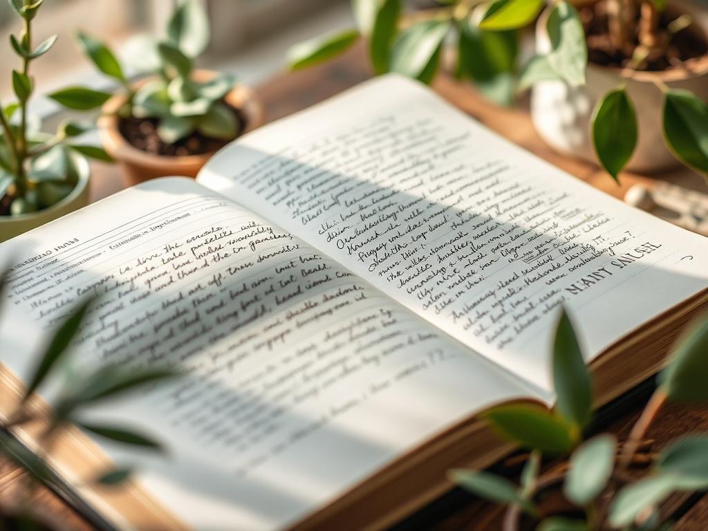 A close-up shot of a conscious living journal open to a page filled with handwritten reflections, surrounded by plants and natural light, highlighting the journal's recycled cover and inspiring ambiance.