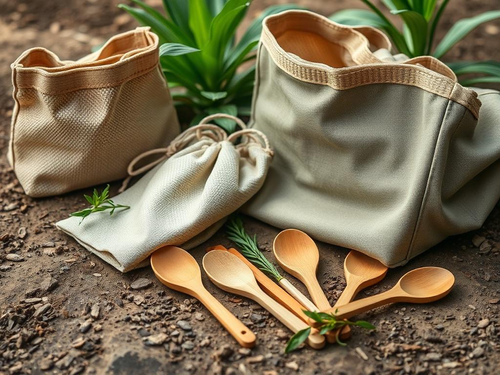 A close-up shot of an eco-friendly toolkit spread out on a natural surface, showcasing reusable bags and bamboo utensils, with a backdrop of green plants, emphasizing sustainability and natural materials.