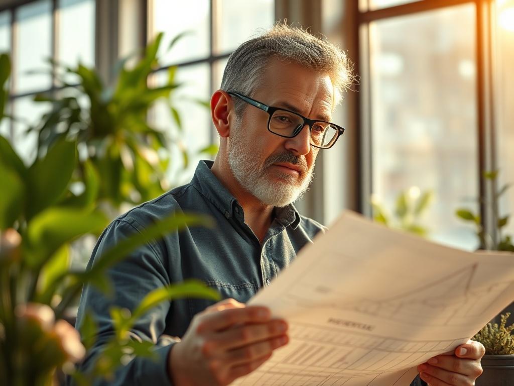 A hyper-realistic close-up shot of an engineer working on sustainable technology. The engineer, a middle-aged person with a thoughtful expression, is examining a futuristic blueprint in a modern workspace filled with green plants and high-tech tools. The background is softly blurred to focus on the engineer and the blueprint, with warm, natural light streaming through a large window. The color palette includes shades of green and blue, aligning with the rgb(40, 93, 225) primary color.