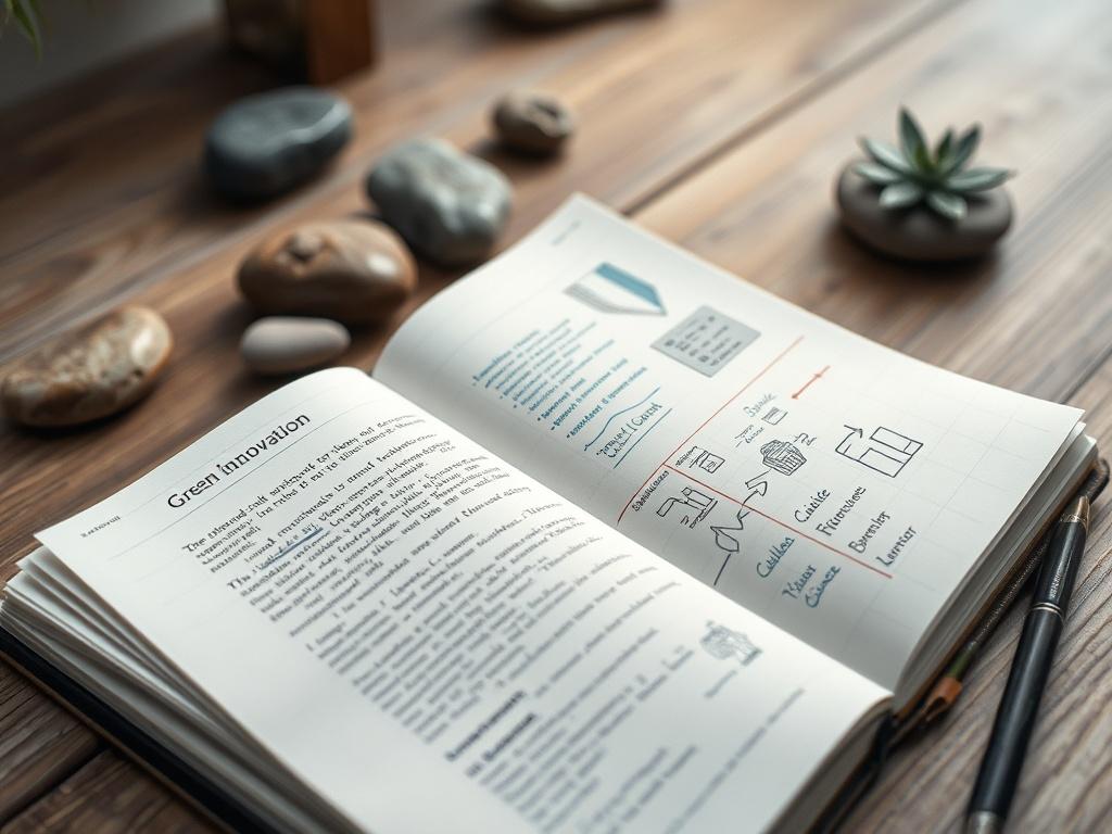 A hyper-realistic close-up shot of an open journal with handwritten notes and sketches about green innovation. The journal rests on a desk adorned with natural elements like stones and plants, with soft light highlighting the creative process.