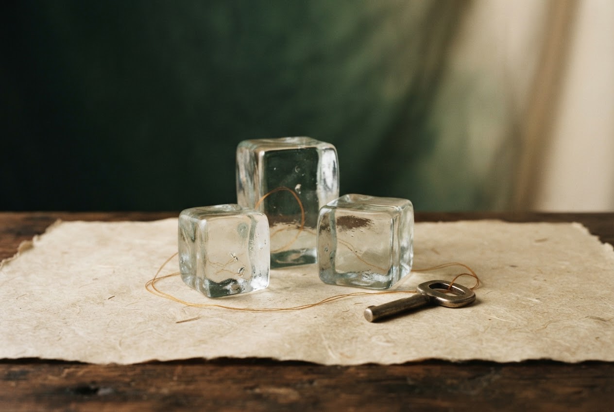 A sculptural arrangement of glass cubes and a metal key connected by a fine amber line