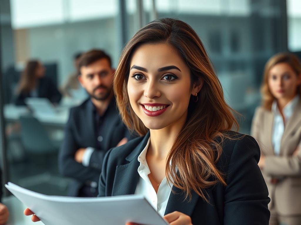 A close up shot of a female entrepreneur confidently presenting