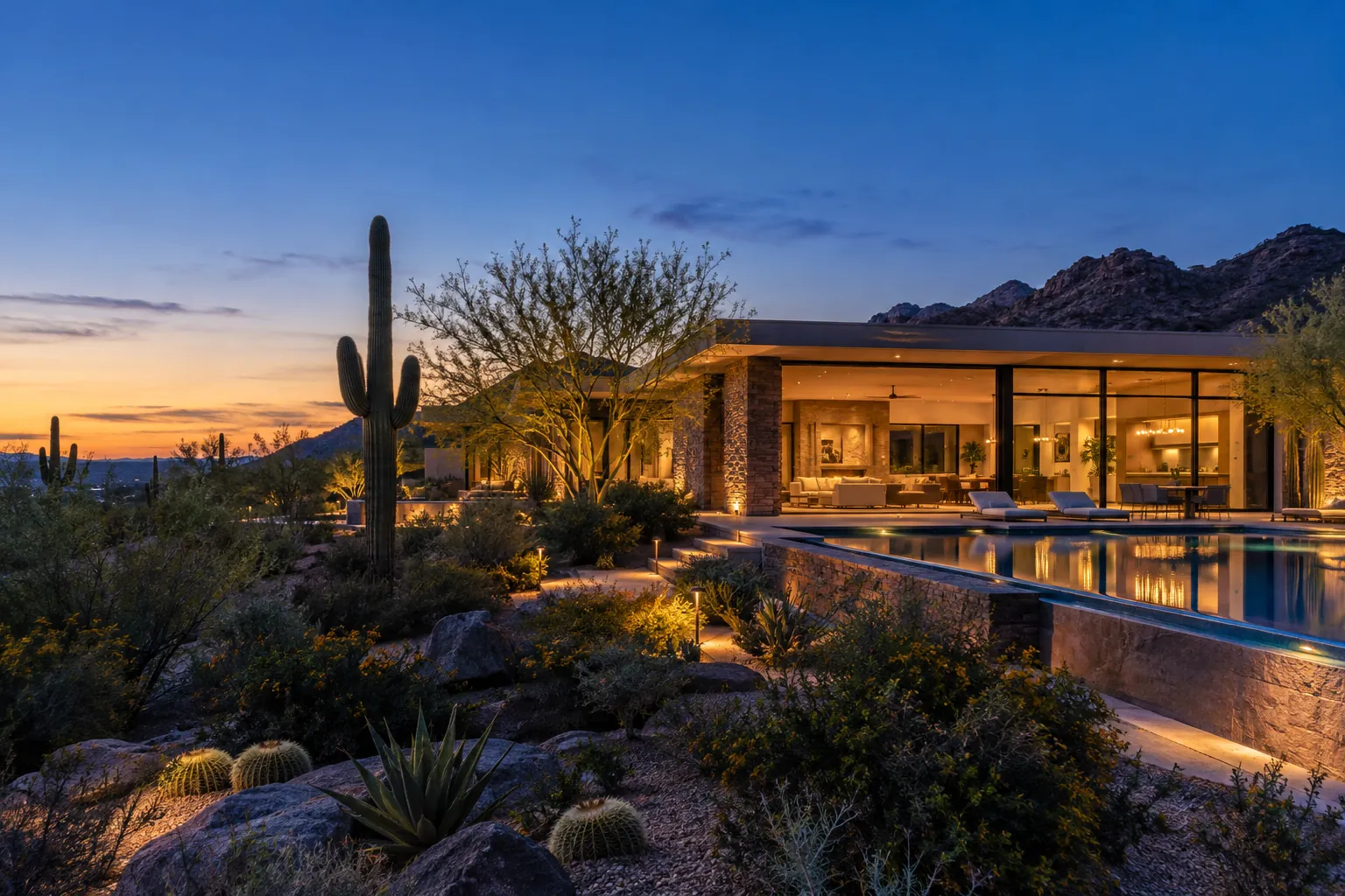 Desert modern home glowing at twilight among saguaro cacti