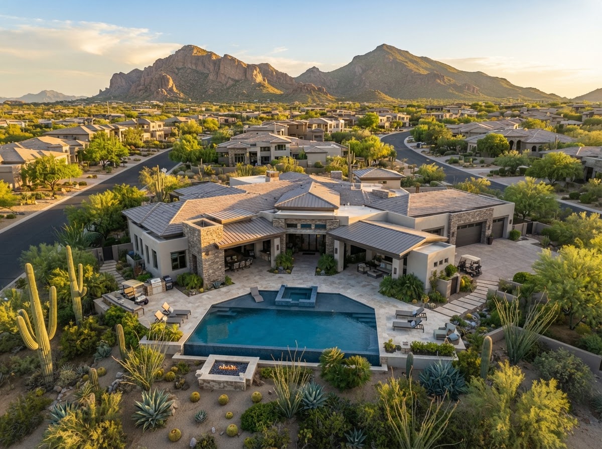 Aerial view of a desert home with pool and mountain backdrop