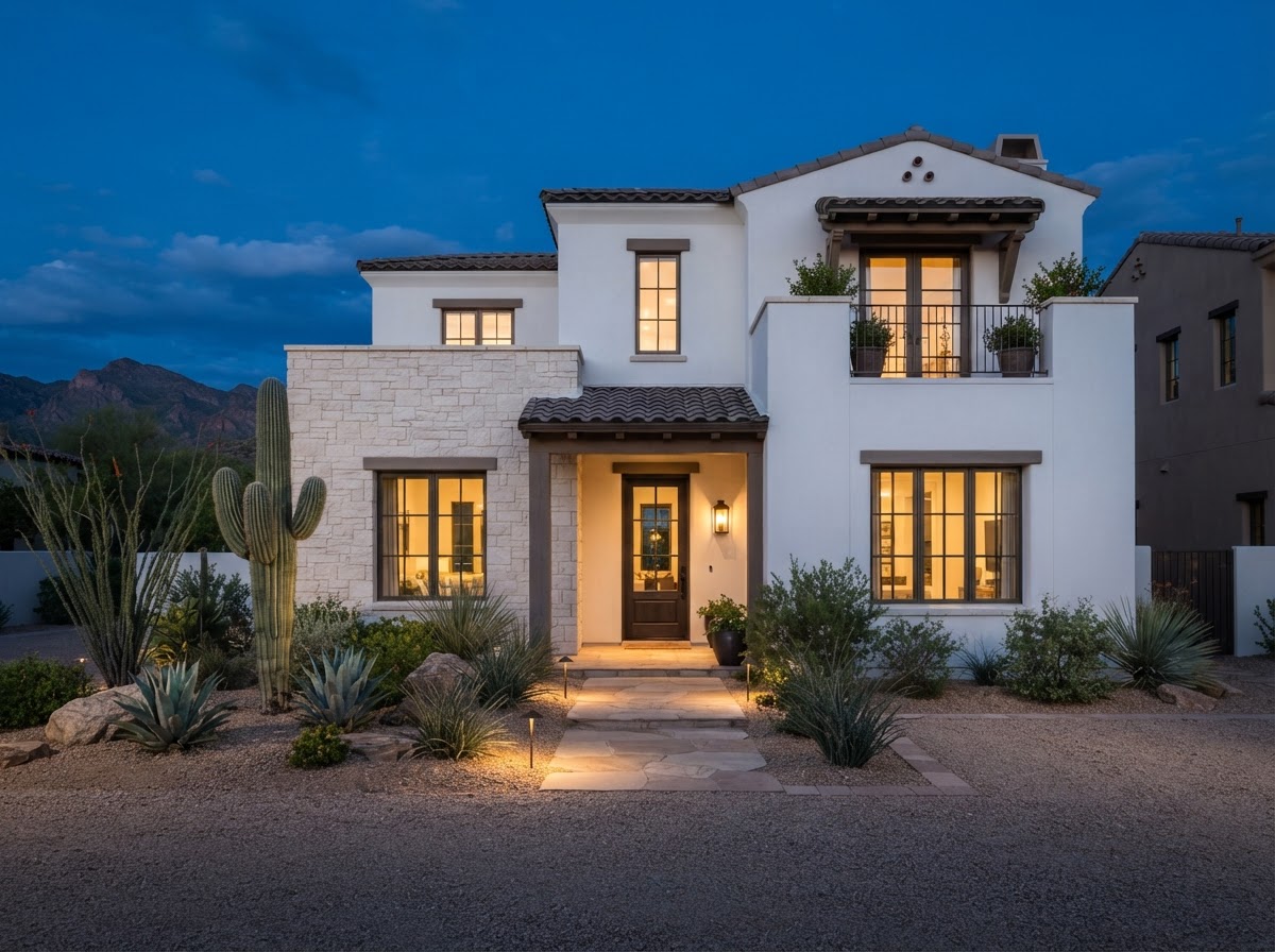 Refined Scottsdale townhouse exterior framed by desert planting
