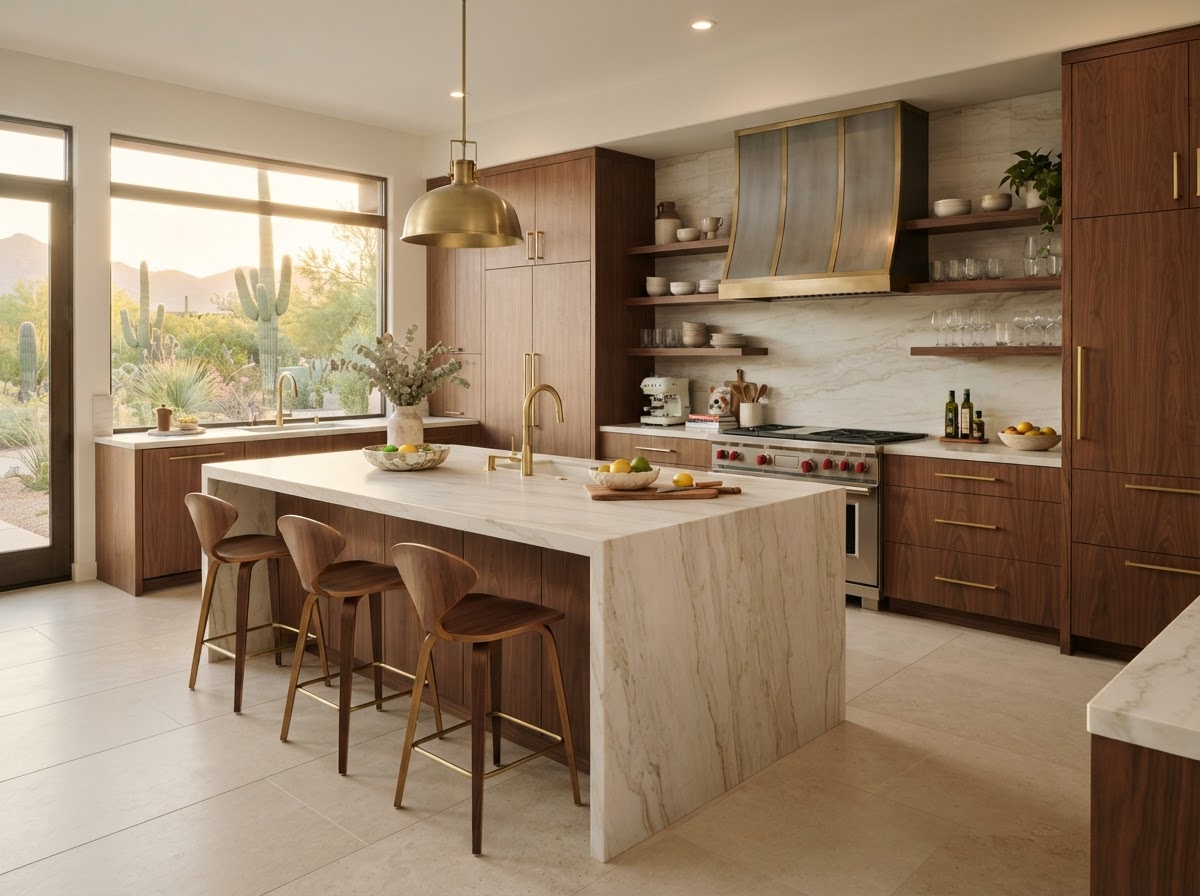 Walnut cabinetry and stone island in a Phoenix home kitchen