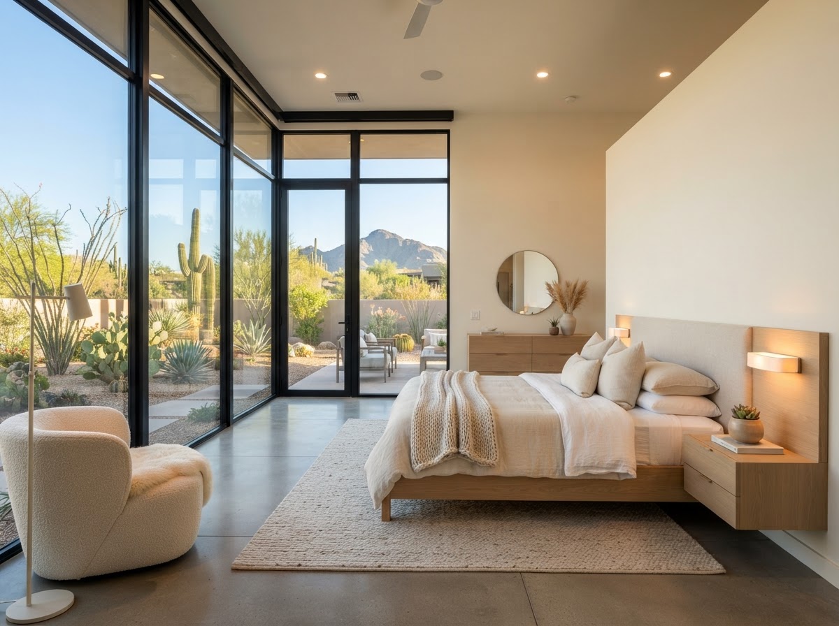 Quiet modern bedroom overlooking a desert garden