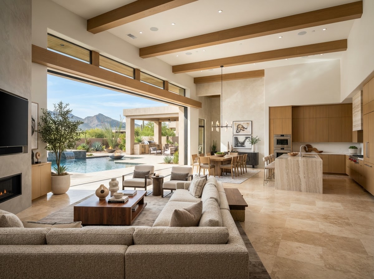 Bright desert modern great room opening toward the garden