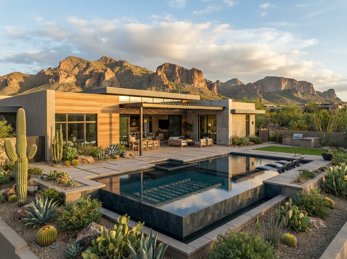 Modern Mesa home with swimming pool and mountain view