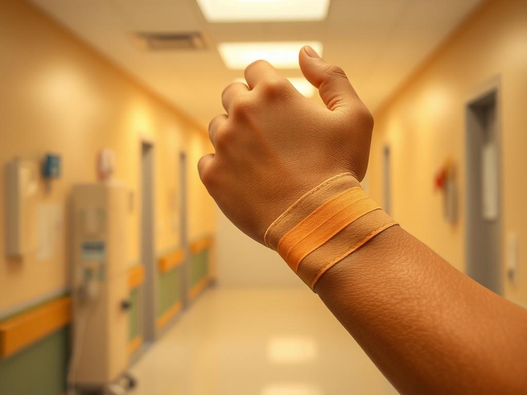 Create a realistic high-resolution photo that captures the essence of embracing various skin tones through bandages. The composition should feature a single bandage firmly adhered to a person’s skin, showcasing the perfect blend with their natural color, effectively demonstrating the importance of inclusivity in medical supplies.

The subject should be a close-up of the bandage on a person's forearm, with a focus on the rich, warm tones of their skin, illustrating the harmony between the skin and the bandag