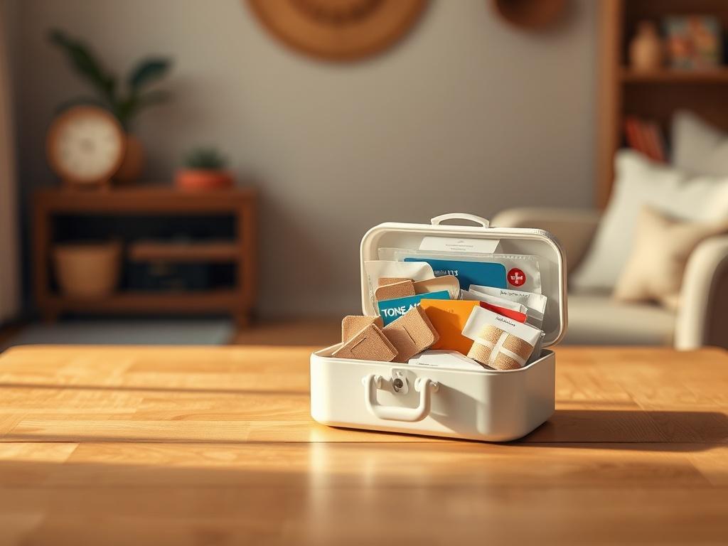 **AI Image Generation Prompt:** 

Create a realistic high-resolution photo that depicts a single, prominently placed first aid kit on an inviting wooden table. The first aid kit should be open, showcasing a variety of bandages, including TONE-AID flexible fabric bandages in three distinct skin tones: light, medium, and dark. The bandages should be clearly visible, demonstrating inclusivity in design.  

In the background, create a softly blurred yet cozy environment that evokes warmth and safety—suggestive 