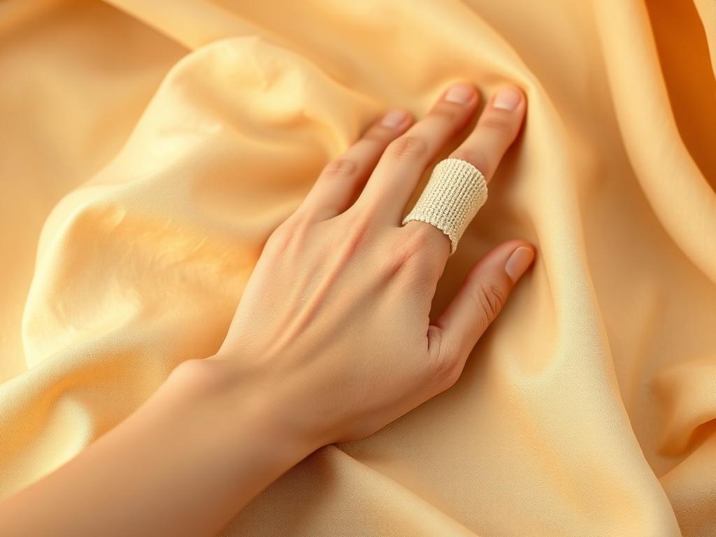 **AI Image Generation Prompt:**

Create a realistic high-resolution photo that captures the essence of healing diversity. The composition should feature a single subject: a close-up of a hand with a flexible fabric bandage applied to the skin, showcasing three distinct bandages that represent light, medium, and dark skin tones. The hand should be naturally resting against a soft, warm fabric background that evokes a cozy and inviting atmosphere, with gentle golden hues and soft lighting. 

Ensure that the h