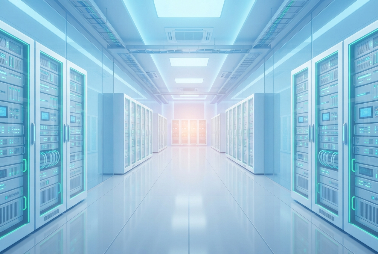 Bright modern data centre corridor with rows of glowing server cabinets