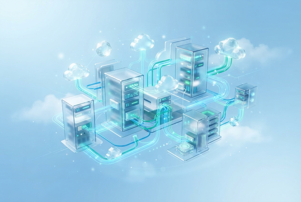 Abstract illustration of Breeze Cloud's glassmorphic cloud hosting infrastructure
