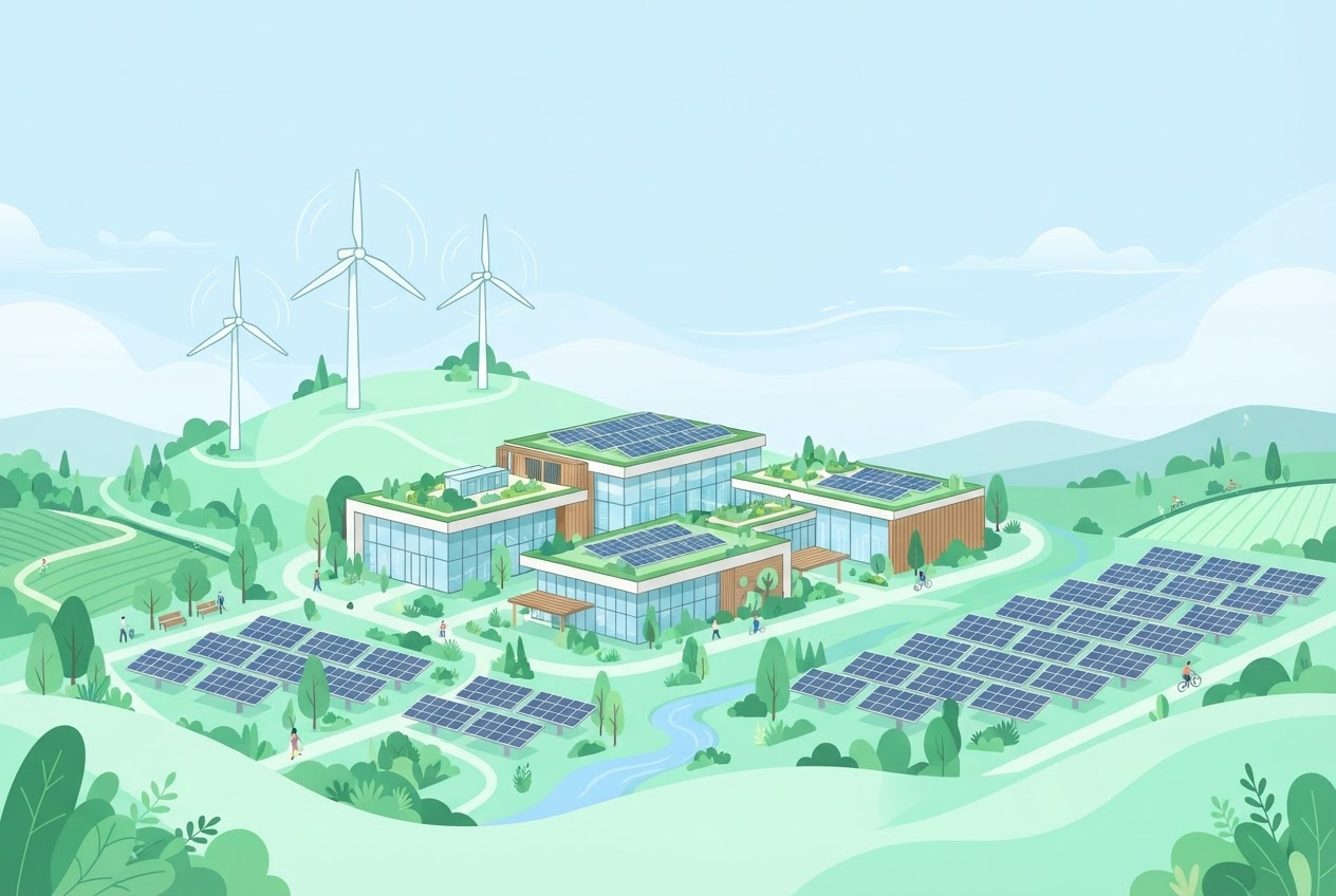 Sustainable eco-friendly data facility with wind turbines and solar panels under a soft sky
