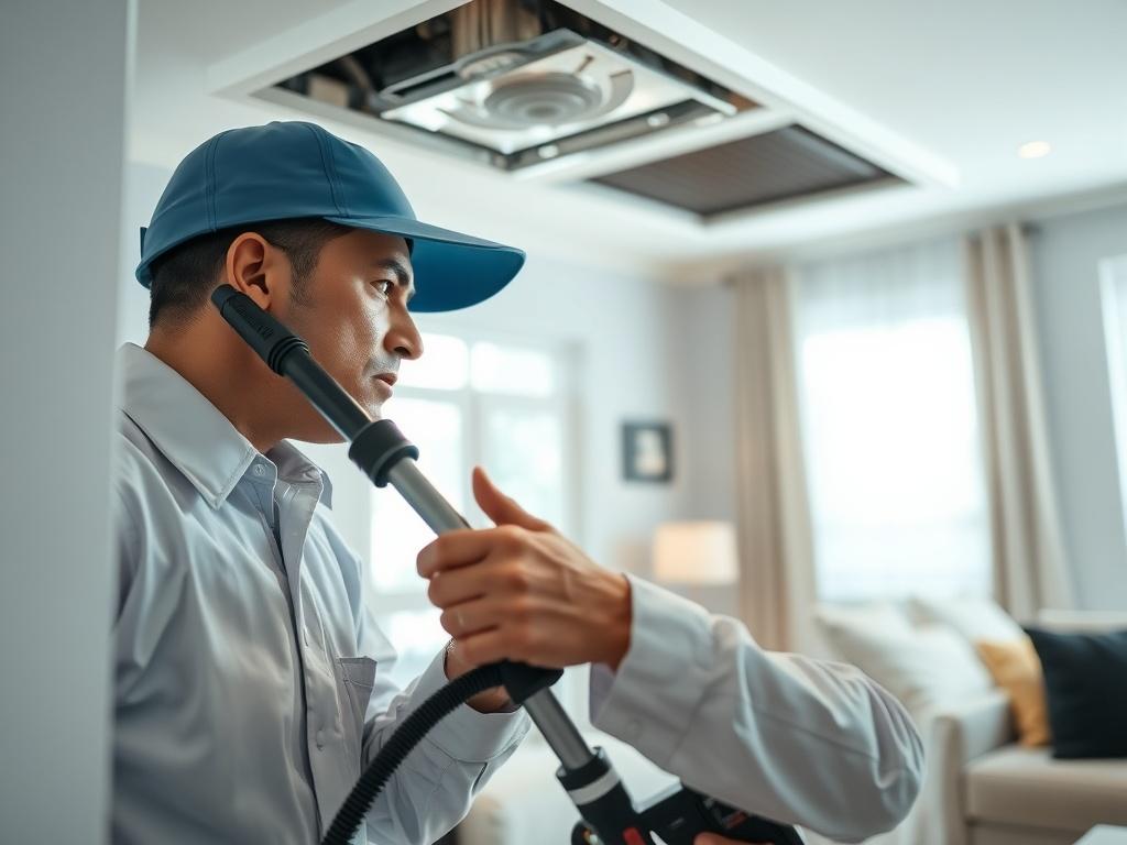 A professional technician in a clean uniform, carefully inspecting and